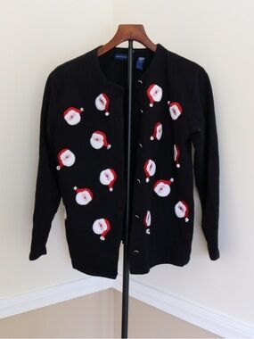 Karen Scott Black Holiday Santa Appliqué Cardigan